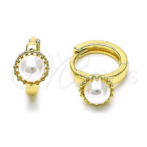 Oro Laminado Huggie Hoop, Gold Filled Style Ball Design, with Ivory Pearl, Polished, Golden Finish, 02.213.0641.14