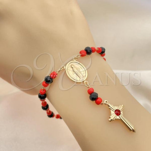 Oro Laminado Bracelet Rosary, Gold Filled Style Medalla Milagrosa Design, with Orange Red and Black Azavache, Polished, Golden Finish, 09.02.0048.08