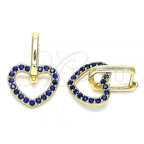 Oro Laminado Huggie Hoop, Gold Filled Style Heart Design, with Sapphire Blue Micro Pave, Polished, Golden Finish, 02.210.0485.2.12