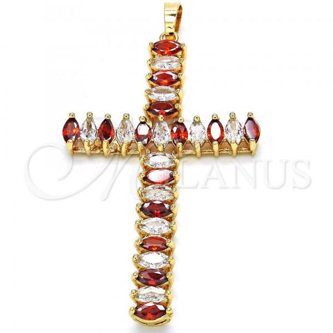 Oro Laminado Fancy Pendant, Gold Filled Style Cross Design, with Garnet and White Cubic Zirconia, Polished, Golden Finish, 05.316.0001.3