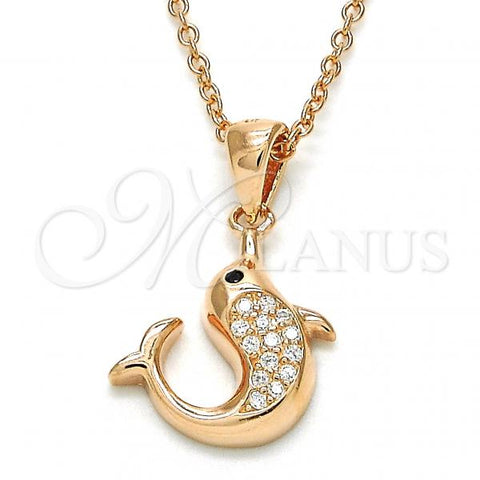 Sterling Silver Pendant Necklace, Dolphin Design, with White and Black Cubic Zirconia, Polished, Rose Gold Finish, 04.336.0121.1.16