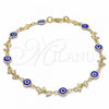Oro Laminado Fancy Anklet, Gold Filled Style Evil Eye and Dolphin Design, Blue Resin Finish, Golden Finish, 03.326.0009.2.10
