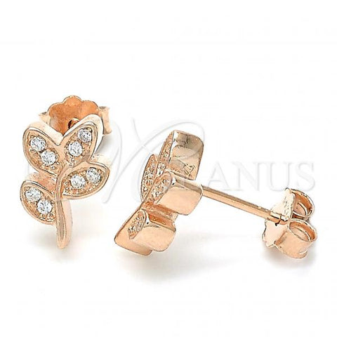 Sterling Silver Stud Earring, Leaf Design, with White Cubic Zirconia, Polished, Rose Gold Finish, 02.336.0153.1