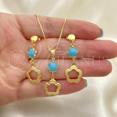 Oro Laminado Earring and Pendant Adult Set, Gold Filled Style Flower and Box Design, with Aquamarine Opal, Resin Finish, Golden Finish, 10.58.0025.1