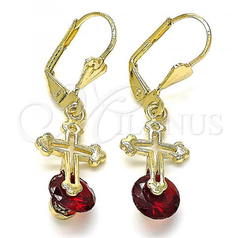 Oro Laminado Dangle Earring, Gold Filled Style Cross Design, with Garnet Cubic Zirconia, Polished, Golden Finish, 02.351.0059.1
