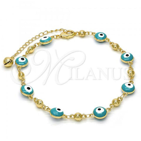 Oro Laminado Fancy Anklet, Gold Filled Style Evil Eye and Rattle Charm Design, Turquoise Enamel Finish, Golden Finish, 03.213.0019.2.10