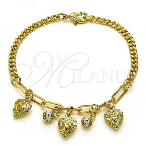 Oro Laminado Charm Bracelet, Gold Filled Style Heart and Paperclip Design, with White Crystal, Polished, Golden Finish, 03.63.2233.07