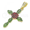 Oro Laminado Religious Pendant, Gold Filled Style Cross and Flower Design, Polished, Tricolor, 05.351.0162