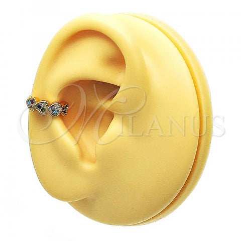 Oro Laminado Earcuff Earring, Gold Filled Style Heart Design, with Multicolor Micro Pave, Polished, Golden Finish, 02.213.0384