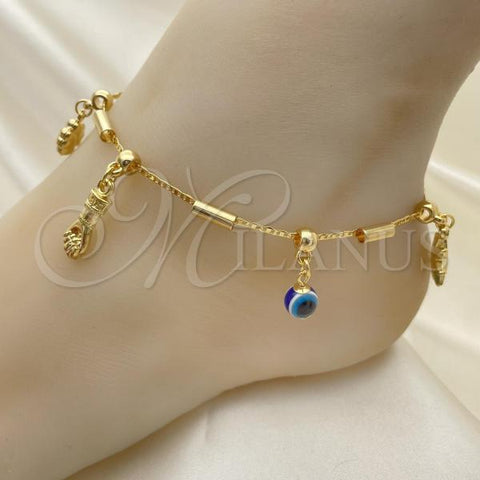 Oro Laminado Charm Anklet , Gold Filled Style Evil Eye and Figa Hand Design, Polished, Golden Finish, 03.32.0587.10