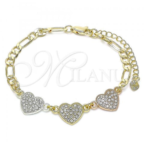 Oro Laminado Fancy Bracelet, Gold Filled Style Heart Design, with White Crystal, Polished, Tricolor, 03.380.0130.07