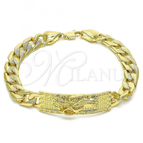 Oro Laminado Fancy Bracelet, Gold Filled Style Santa Muerte and Pave Cuban Design, Polished, Golden Finish, 03.380.0112.09