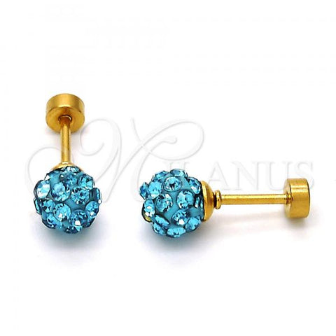 Stainless Steel Stud Earring, Ball Design, with Aqua Blue Crystal, Polished, Golden Finish, 02.271.0010.4