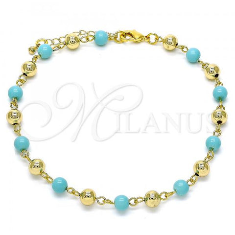 Oro Laminado Fancy Anklet, Gold Filled Style Ball Design, with Turquoise Pearl, Polished, Golden Finish, 03.63.2227.1.10