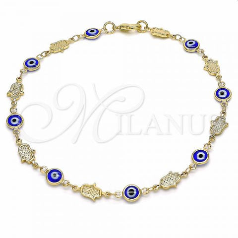 Oro Laminado Fancy Anklet, Gold Filled Style Evil Eye and Hand of God Design, Blue Resin Finish, Golden Finish, 03.326.0007.1.10