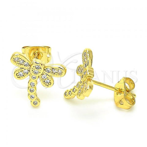 Oro Laminado Stud Earring, Gold Filled Style Dragon-Fly Design, with White Micro Pave, Polished, Golden Finish, 02.156.0396