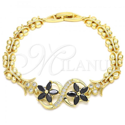 Oro Laminado Fancy Bracelet, Gold Filled Style Flower and Butterfly Design, with Black and White Cubic Zirconia, Polished, Golden Finish, 03.210.0118.08
