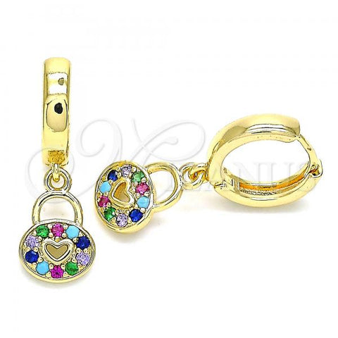 Oro Laminado Huggie Hoop, Gold Filled Style Lock and Heart Design, with Multicolor Micro Pave, Polished, Golden Finish, 02.210.0532.1.15