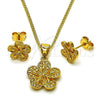 Oro Laminado Earring and Pendant Adult Set, Gold Filled Style Flower Design, Polished, Golden Finish, 10.342.0258