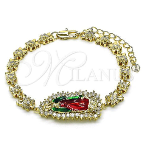 Oro Laminado Solid Bracelet, Gold Filled Style Guadalupe and Flower Design, with White Cubic Zirconia, Polished, Tricolor, 03.411.0006.2.08