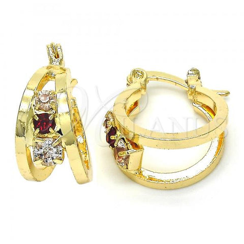 Oro Laminado Small Hoop, Gold Filled Style with Garnet and White Crystal, Polished, Golden Finish, 02.100.0064.15