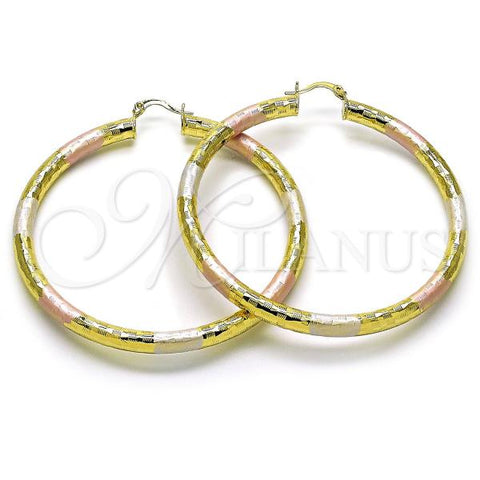 Oro Laminado Extra Large Hoop, Gold Filled Style Hollow Design, Diamond Cutting Finish, Tricolor, 02.213.0313.1.70