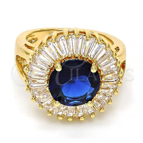 Oro Laminado Multi Stone Ring, Gold Filled Style Flower Design, with Tanzanite and White Cubic Zirconia, Polished, Golden Finish, 01.205.0010.2.08 (Size 8)