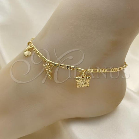 Oro Laminado Charm Anklet , Gold Filled Style Butterfly and Flower Design, Polished, Golden Finish, 03.32.0607.10