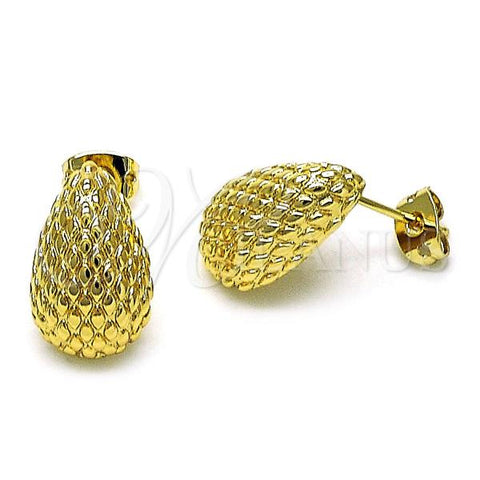 Oro Laminado Stud Earring, Gold Filled Style Teardrop Design, Diamond Cutting Finish, Golden Finish, 02.342.0329
