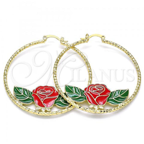 Oro Laminado Large Hoop, Gold Filled Style Flower Design, Red Enamel Finish, Golden Finish, 02.380.0007.50