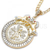 Oro Laminado Religious Pendant, Gold Filled Style Centenario Coin and Horse Design, with White and Garnet Crystal, Polished, Two Tone, 05.351.0152.1
