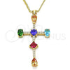 Oro Laminado Pendant Necklace, Gold Filled Style Cross and Teardrop Design, with Multicolor Cubic Zirconia, Polished, Golden Finish, 04.210.0032.18