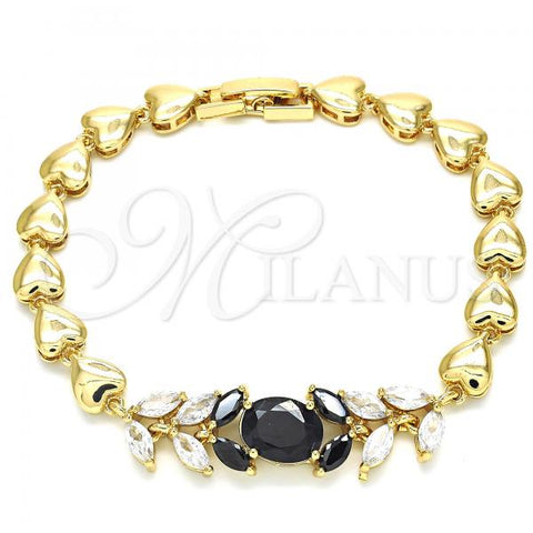 Oro Laminado Fancy Bracelet, Gold Filled Style Leaf and Heart Design, with Black and White Cubic Zirconia, Polished, Golden Finish, 03.210.0114.07
