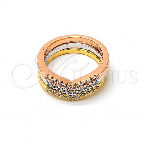Oro Laminado Multi Stone Ring, Gold Filled Style Triple Design, with White Cubic Zirconia, Polished, Tricolor, 01.99.0003.09 (Size 9)