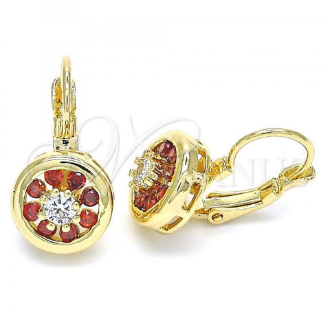 Oro Laminado Leverback Earring, Gold Filled Style Flower Design, with Garnet and White Cubic Zirconia, Polished, Golden Finish, 02.210.0216.2