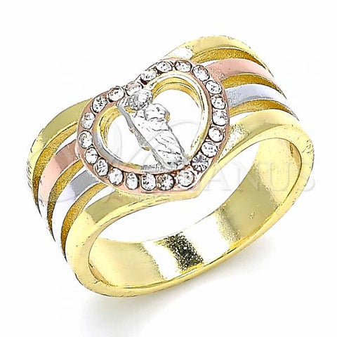 Oro Laminado Multi Stone Ring, Gold Filled Style San Judas and Heart Design, with White Crystal, Polished, Tricolor, 01.253.0029.09 (Size 9)