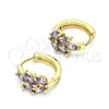 Oro Laminado Huggie Hoop, Gold Filled Style Leaf Design, with Amethyst Cubic Zirconia, Polished, Golden Finish, 02.210.0649.3.15