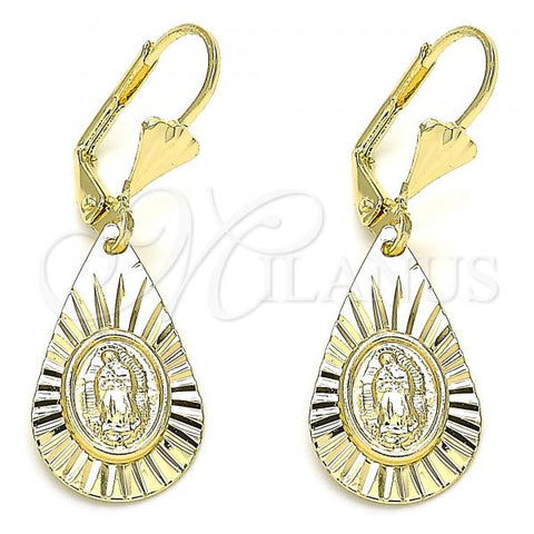 Oro Laminado Dangle Earring, Gold Filled Style Teardrop and Guadalupe Design, Polished, Golden Finish, 02.351.0033.1