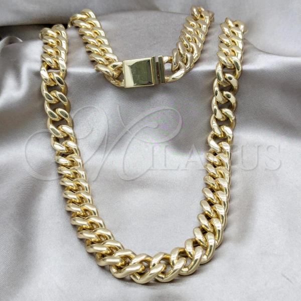 Stainless Steel Necklace and Bracelet, Miami Cuban Design, Polished, Golden Finish, 06.63.0307.29