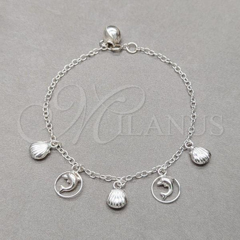 Sterling Silver Fancy Bracelet, Shell and Dolphin Design, Polished, Silver Finish, 03.409.0125.07