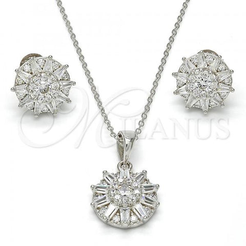 Sterling Silver Earring and Pendant Adult Set, Flower Design, with White Cubic Zirconia, Polished, Rhodium Finish, 10.286.0007