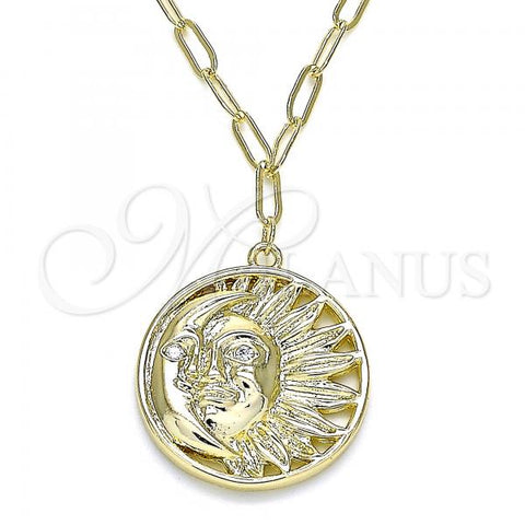Oro Laminado Pendant Necklace, Gold Filled Style Moon and Sun Design, with White Micro Pave, Polished, Golden Finish, 04.60.0017.18