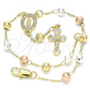 Oro Laminado Bracelet Rosary, Gold Filled Style Guadalupe and Crucifix Design, with White Cubic Zirconia, Polished, Tricolor, 03.253.0036.08