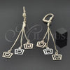 Oro Laminado Long Earring, Gold Filled Style Greek Key Design, Diamond Cutting Finish, Tricolor, 5.098.008