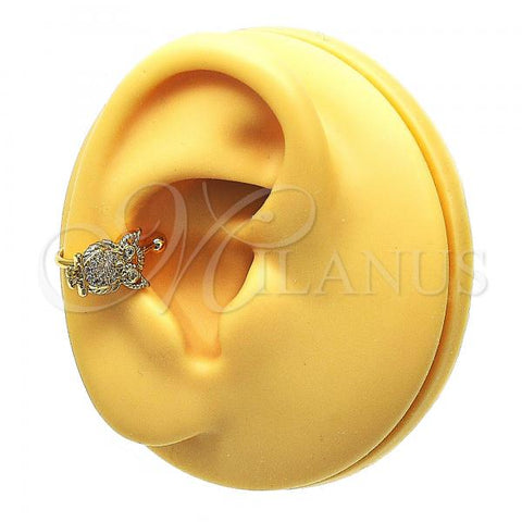 Oro Laminado Earcuff Earring, Gold Filled Style Owl Design, with White Micro Pave, Polished, Golden Finish, 02.213.0394