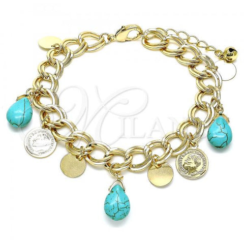 Oro Laminado Charm Bracelet, Gold Filled Style Teardrop Design, with Turquoise Opal, Polished, Golden Finish, 03.331.0201.08