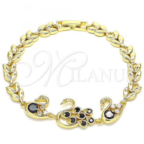 Oro Laminado Fancy Bracelet, Gold Filled Style Peacock and Swan Design, with Black and White Cubic Zirconia, Polished, Golden Finish, 03.210.0131.1.08