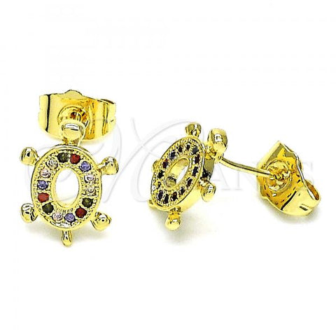 Oro Laminado Stud Earring, Gold Filled Style Turtle Design, with Multicolor Micro Pave, Polished, Golden Finish, 02.284.0045