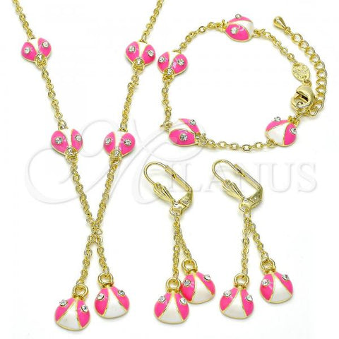 Oro Laminado Earring and Pendant Children Set, Gold Filled Style Ladybug Design, with White Crystal, Pink Enamel Finish, Golden Finish, 06.60.0005.1