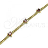 Oro Laminado Fancy Bracelet, Gold Filled Style Heart and Miami Cuban Design, with Garnet Cubic Zirconia, Polished, Golden Finish, 03.213.0184.5.07
